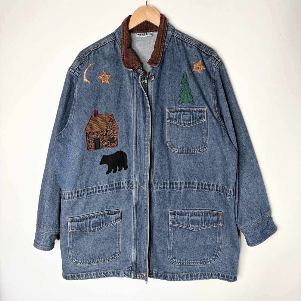Vintage Haik's Denim Jean Chore Jacket Embroidered Applique Cabincore XL / XXL